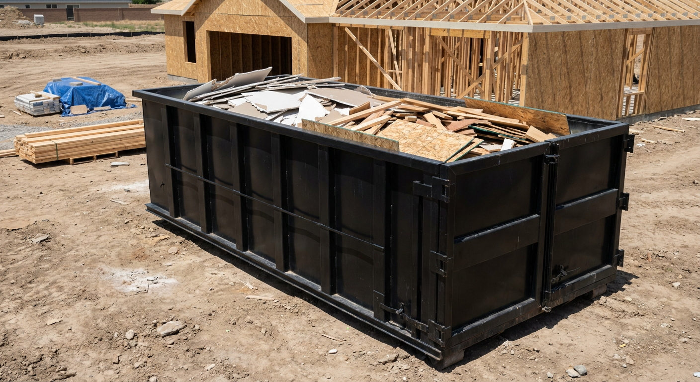 Matte-black 30-yard roll-off construction dumpster sitting directly on the compacted-dirt site of a framed single-family home build in Westland, drywall and lumber scrap loaded inside.