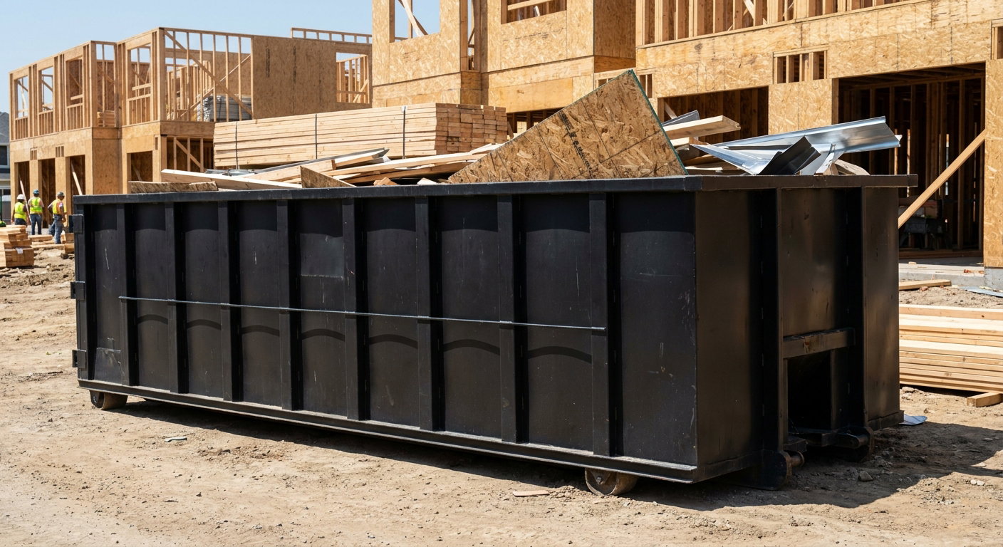 Matte-black 40-yard roll-off construction dumpster being lowered from a white-cab hooklift delivery truck onto the compacted-dirt jobsite at a commercial build site in Westland