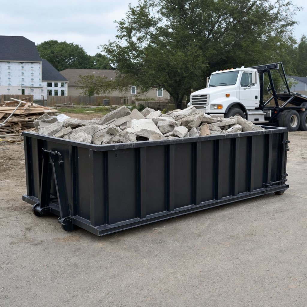 Low-profile matte-black lowboy roll-off dumpster loaded with broken concrete slab and rebar at a foundation tear-out in Westland, skid steer parked beside it, sunny Colorado morning