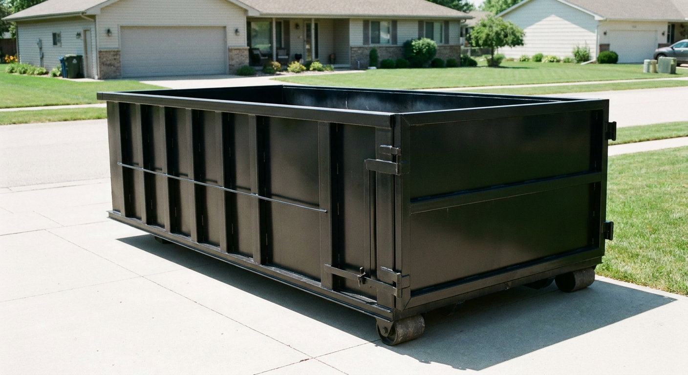 Matte-black 10-yard roll-off dumpster on a residential concrete driveway in Westland, uniformly painted matte black across every panel and rail, ribbed steel sidewalls and rear swing door visible, mid-day daylight.