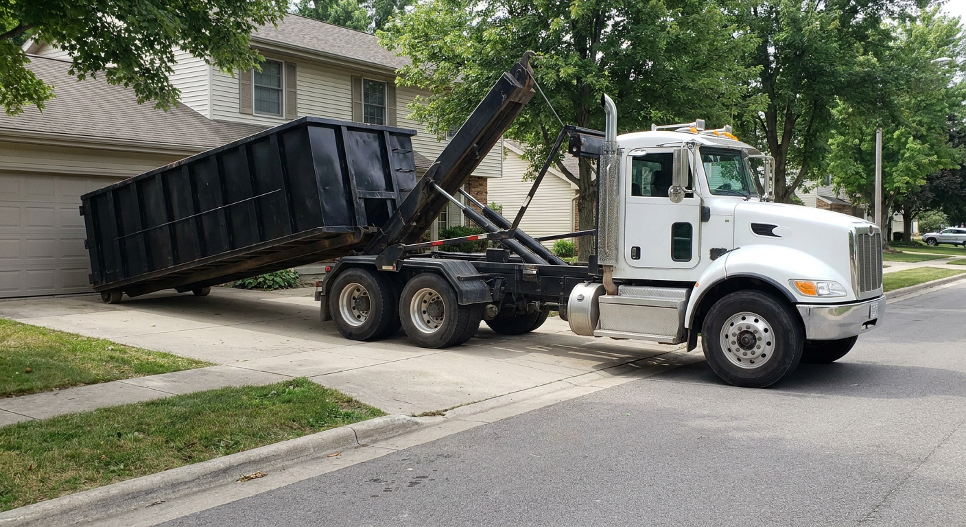 White-cab hooklift roll-off truck actively lowering a matte-black dumpster onto a Westland residential concrete driveway, the dumpster's rear wheels touching the driveway as the hoist arm tilts the bed forward, mid-morning daylight.