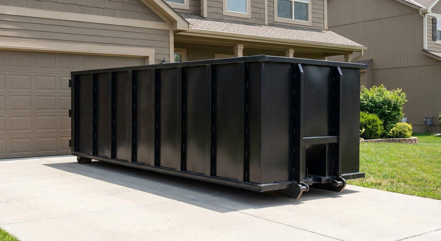 Matte-black residential roll-off dumpster sitting directly on a suburban Westland concrete driveway, garage door closed, single-family home in background, bright morning daylight.
