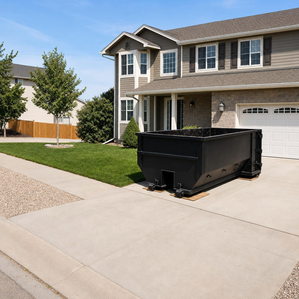 10-yard matte-black residential dumpster placed directly on a narrow Westland concrete driveway, room remains for a parked sedan beside it, mid-morning natural light