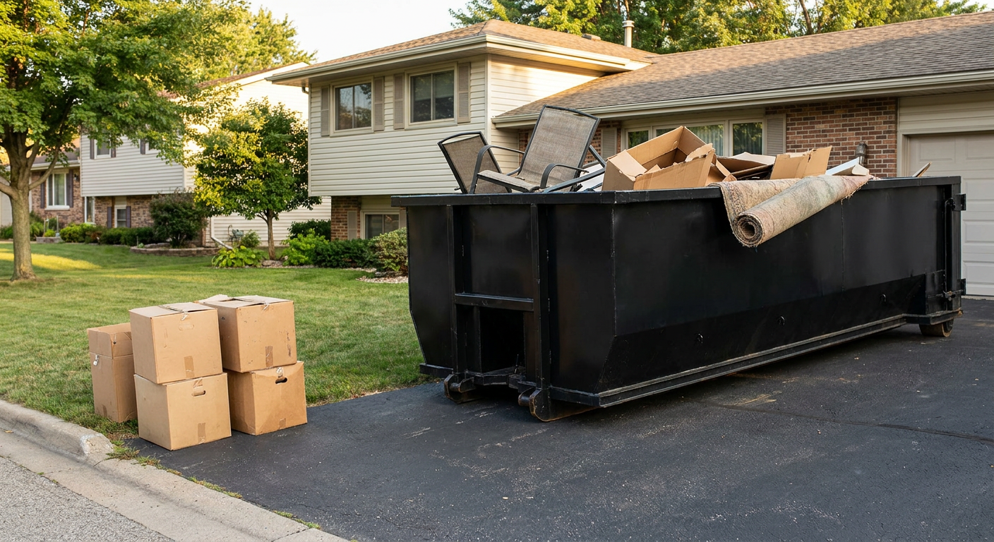 Front-yard view of a Westland split-level home with a 20-yard matte-black roll-off dumpster sitting directly on the asphalt driveway, a few clearly labeled donation boxes staged at the curb, calm sunny afternoon.