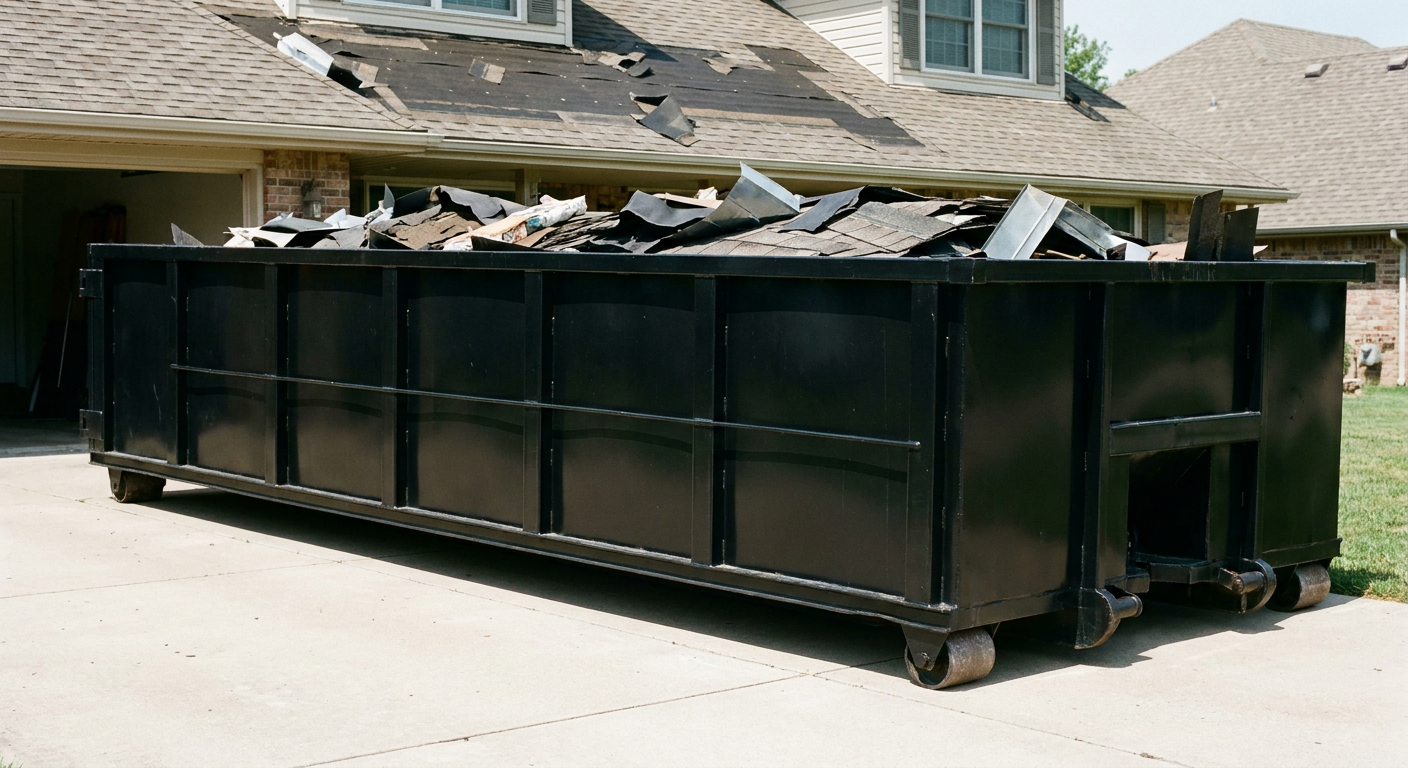 Matte-black 20-yard roofing roll-off dumpster with steel ribbed sides and swinging rear door, sitting directly on the concrete driveway of a two-story Westland home, asphalt shingle debris being loaded over the low wall, clean documentary lighting.