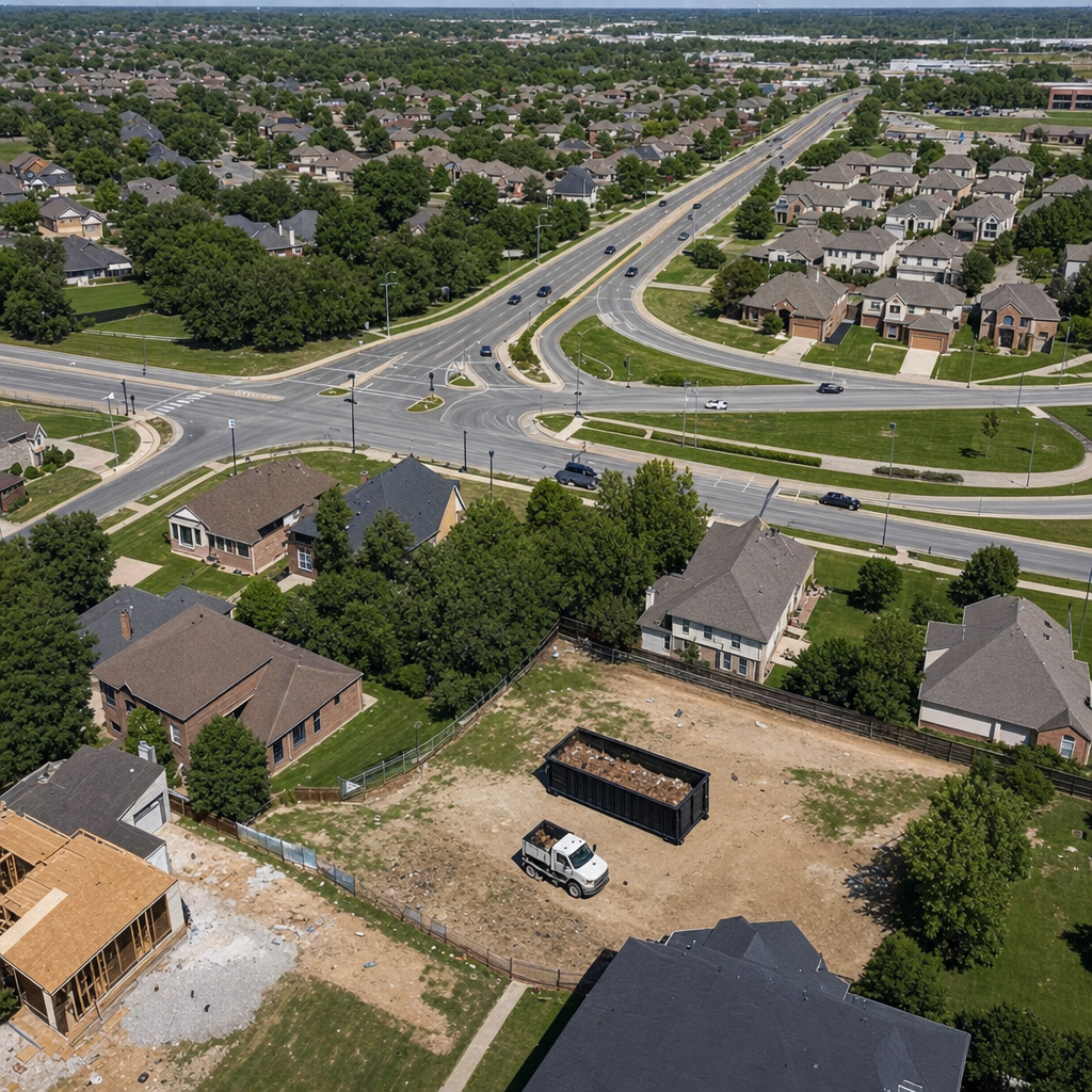 An overhead documentary view of the Westland metro area at midday, showing the spread of neighborhoods, arterial roads, and the dispatch radius from a central yard — clean daylight, organized geographic layout.