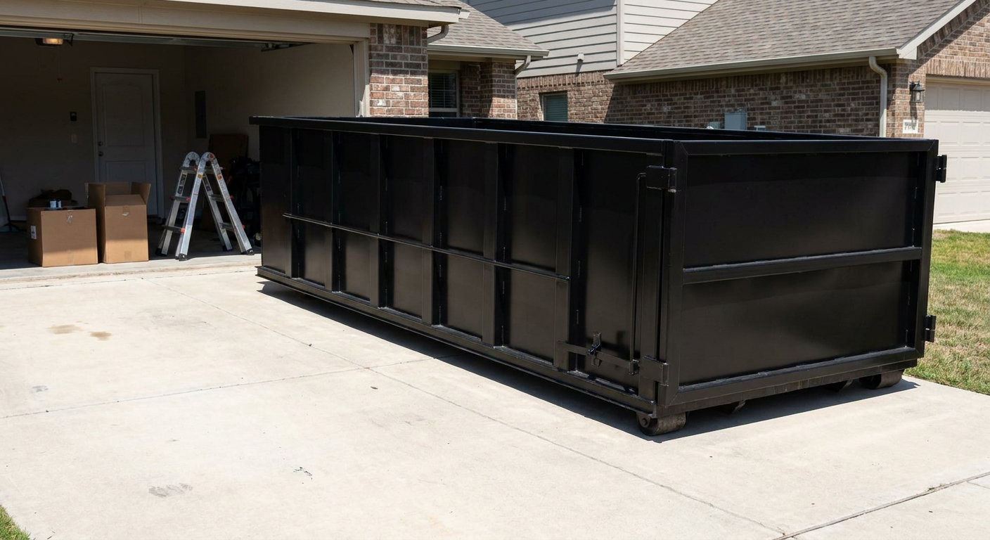 A matte-black 10-yard roll-off dumpster sitting directly on a residential Westland concrete driveway, mid-day sunlight, clean and ready for a garage cleanout.