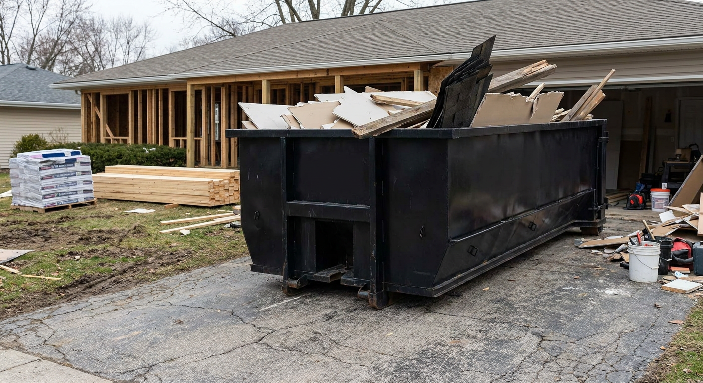 A matte-black 20-yard roll-off dumpster placed alongside a mid-renovation Westland home directly on the asphalt driveway, with framing materials and torn-off shingles staged neatly nearby.