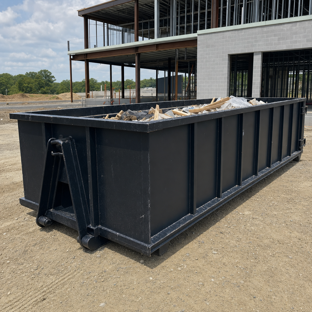 A matte-black 40-yard roll-off dumpster staged on a large Westland commercial construction lot, with a hooklift delivery truck parked alongside under bright midday sky.